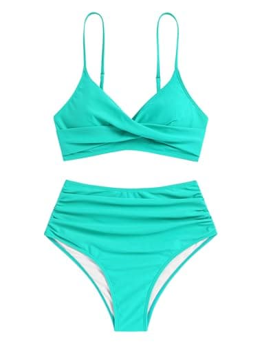 ZAFUL Women High Waisted Bikini Sets Two Piece Swimsuit Push Up Twist Front Ruched Bathing Suit Aqua Blue L - Image 5