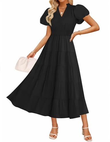 ZESICA Women's Summer Casual Maxi Dress 2025 Puff Short Sleeve V Neck Ruffle Tiered Flowy Boho Beach Dresses,Black,Medium - Image 1
