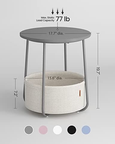 VASAGLE Small Round Side End Table, Modern Nightstand with Fabric Basket, Cement Gray and Cream White ULET223G49 - Image 2