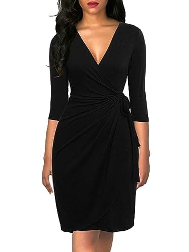 Berydress Women's Elegant Draped V Neck Knee Length Sheath Wedding Party Night Out Work Black Wrap Dress with 3/4 Sleeves (L, 6083-Black) - Image 1