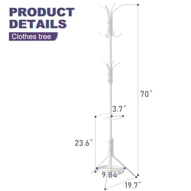 Wieghda Coat Rack Freestanding Entryway Hanger Stand, Umbrella Holder, Hall Tree With 12 Hooks, Floor Standing Metal Tree Stand, White - Image 2