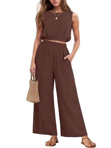 GRECERELLE 2 Piece Sets for Women Summer Resort Wear 2025 Sleeveless Crop Top Wide Leg Pants Sweat Set for Women Coffee-L - Image 1
