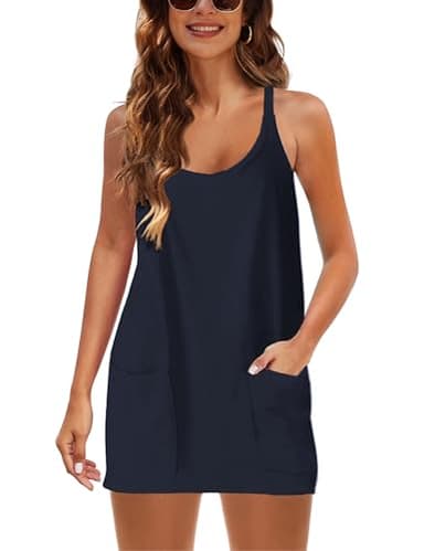 Lentta Womens Athletic Sleeveless Mini Dress with Built-in Shorts V Neck Spaghetti Strap Sundress(DarkBlue-XS) - Image 4