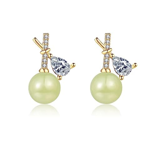 LOOYUUPEE Natural Hetian Jade & Zircon Earrings for Women, Dainty Lucky Green Jade Leaf Charm Pendant Jewelry Studs, Handmade Ear Stud Earrings for Mom Lover Her (925 Sterling Silver with Gold Plated) - Image 1