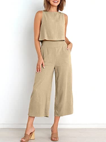ANRABESS Women's Summer 2 Piece Outfits Sleeveless Crop Top Capri Wide Leg Pants Jumpsuit Casual Linen Lounge Matching Sets Beach Travel 2025 Trendy Clothes Apricot X-Large - Image 3