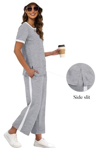 XIEERDUO Woman Lounge Sets Casual Summer Two Piece Travel Outfits Spring Loose Short Sleeve Tracksuit Wide Leg Loungewear Cropped Pants Matching Clothing Set Women's Track Suit Grey XL - Image 2