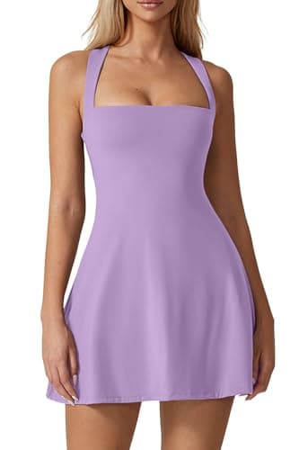 QINSEN Womens Square Neck Tennis Dress Sleeveless Built in Shorts Golf Athletic Dress with Pockets Light Purple S - Image 1