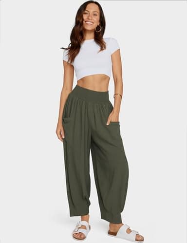 TARSE Women Linen Pants 2025 Summer Casual Loose Boho Wide Leg High Waisted Harem Pant with Pockets, ArmyGreen, L - Image 4