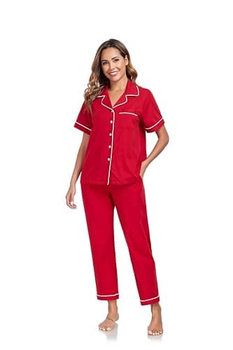 COLORFULLEAF Women's 100% Cotton Pajamas Set Button Down Sleepwear Short Sleeve Shirt and Long Pants Soft Ladies Lounge Sets(Cherry,XL) - Image 2