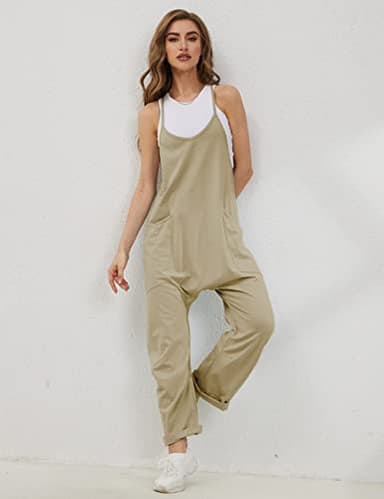 Lentta Women's Causal Jumpsuits V Neck Sleeveless Harem Overalls Stretchy Adjustable Strap Romper with Pockets(DarkKhaki-M) - Image 3