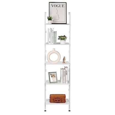 ELYKEN Ladder Shelf, White 5-Tier Wood Wall Mounted Bookshelf with Metal Frame, Modern Open Display Organizer Rack, Leaning Storage Shelves for Living Room, Bedroom, Home Office - Image 7
