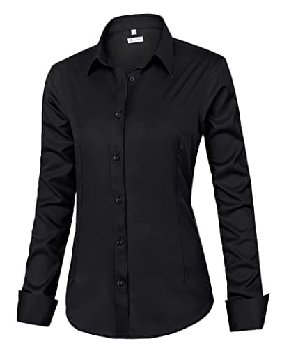 siliteelon Womens Classic-Fit Dress Shirts Long Sleeve Button Down Wrinkle-Free Stretch Solid Casual Work Office Blouse Top Black Small - Image 1