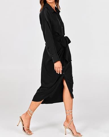 BTFBM Maxi Dresses for Women Fall 2025 Long Sleeve Lapel Neck Button Down Elegant Satin Belted Ruched Summer Shirt Dress(Black, X-Large) - Image 8