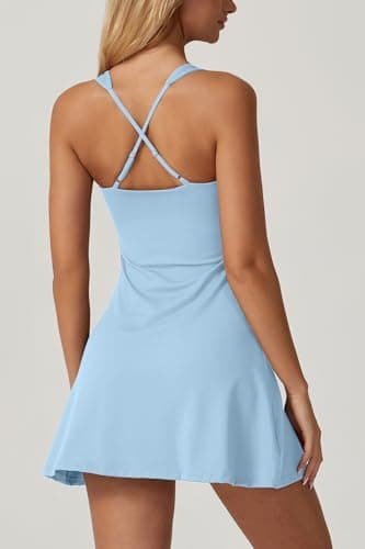 QINSEN Sport Dress for Women Square Neck Cross Back Flare Tennis Dress Quickly Dry Exercise Yoga Dress Airy Blue S - Image 2