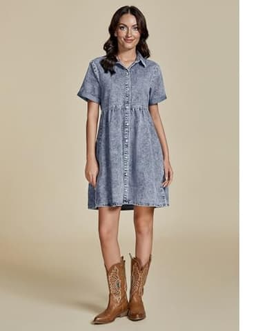 GRAPENT Formal Homecoming Short Dresses for Older Women Summer Cocktail 90s Jean Dress Outfit Button Down Denim Shirt Dress Bay Blue Size XL/ 16 - 18 - Image 4