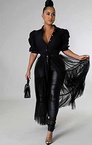 Ekaliy Women's Short Sleeve Round Neck High Low Asymmetrical Irregular Hem Casual Tops Blouse Shirt Dress L Black - Image 4