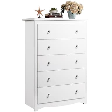 WLIVE White 5 Drawer Wood Dresser, Wooden Chest of Drawers for Bedroom, Storage Cabinet and Organizer Drawers for Living Room, Hallway, Closet, Measuring 15.75" W*31.50" D*45.35" H - Image 1