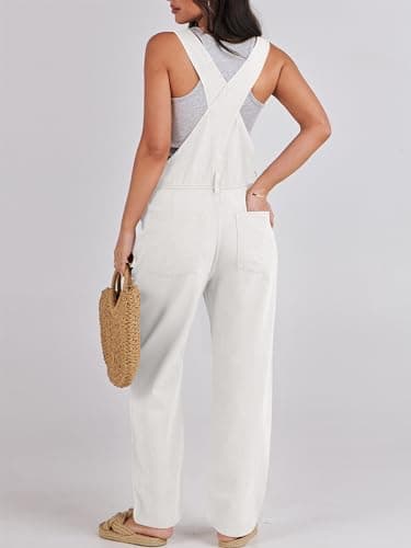 ANRABESS Overalls for Women Loose Fit Denim Overalls Adjustable Strap Jean Jumpsuit Bib Romper 2025 Fall Casual Work Outfits White Large - Image 2