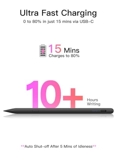 Stylus Pen for ipad 2018-2025, USB-C Fast Charging Pencil, Pixel-Perfect Tilt Sensitivity for iPad 11/10/9/8/7/6/A16, iPad mini 7/6/5, iPad Air M3/2 11"/13"/5/4/3, iPad Pro M5/4 13"/12.9″/11″ Black - Image 5