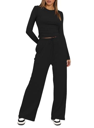 Darong Women's 2 Piece Sets Fall Outfits Long Sleeve Wide Leg Tracksuits Casual Sweat Sets Lounge Set 9065A Black M - Image 3