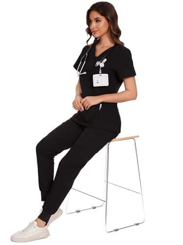 COZYFIT Scrubs for Women - V-Neck Top & Cargo Pants Scrubs Set with 10 Pockets - Black, M - Image 6
