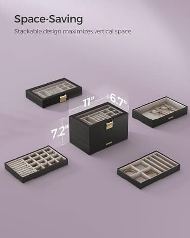 SONGMICS Stackable Jewelry Trays, 4-Tier Jewelry Box, Drawer Jewelry Organizer, with Glass Lid, Removable Dividers, for Vanity Table, 6.7 x 11 x 7.2 Inches, Gift Idea, Ink Black UJBC164B01 - Image 8