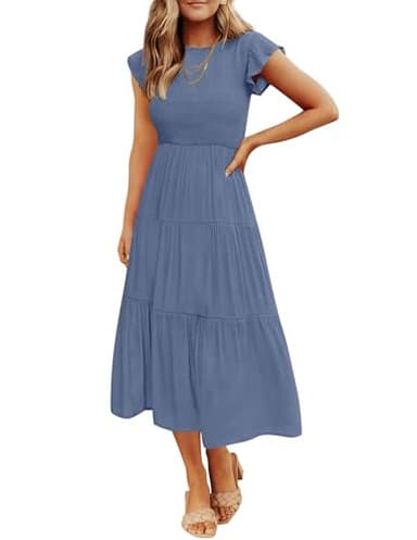 ZESICA Women's 2025 Summer Casual Flutter Short Sleeve Crew Neck Smocked Elastic Waist Tiered Midi Dress,Dusty Blue,Medium - Image 1