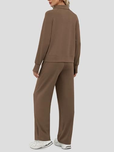 Casly Lamiit 2 Piece Outfits for Women 2025 Trendy Long Sleeve Top Wide Leg Sweatpants Fall Loung Sets Travel Clothes Athletic Suit Brown L - Image 5