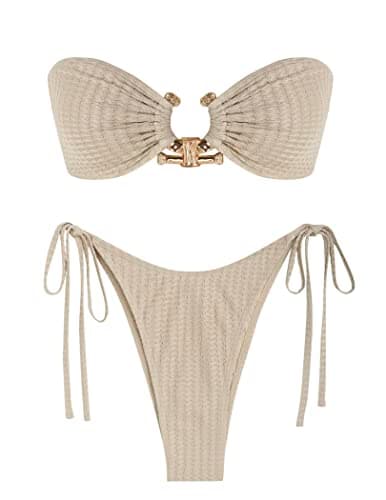 ZAFUL Womens Bandeau Bikinis Textured Strapless Bikini Set Metal Hardware Ring Tie Side Textured Swimwear Beige S - Image 1