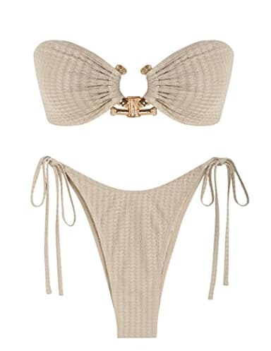 ZAFUL Womens Bandeau Bikinis Textured Strapless Bikini Set Metal Hardware Ring Tie Side Textured Swimwear Beige S - Image 1