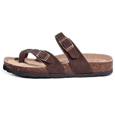 Litfun Women's Genuine Suede Cork Footbed Sandals Comfortable Summer Slides with Adjustable Buckle, Brown 39 - Image 4