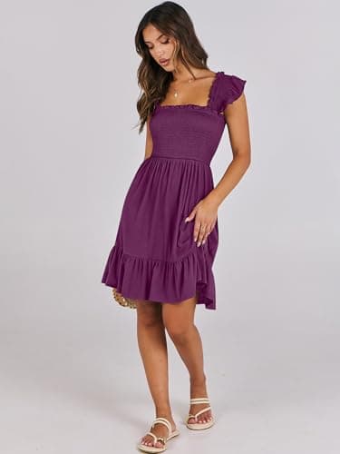 ANRABESS Women's Summer Casual Sleeveless Square Neck Dress 2025 Smocked Ruffle Backless Boho Beach Cute Teen Short Sundress Purple Red Large - Image 7