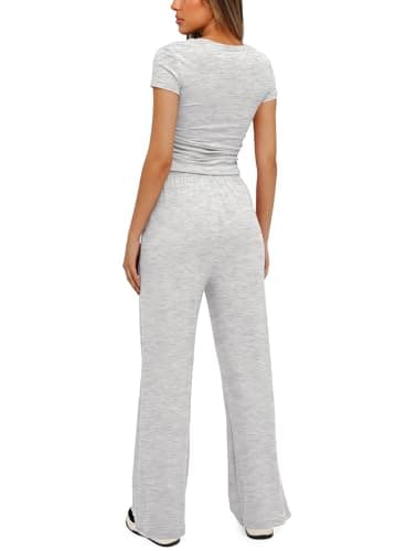 Darong Women's 2 Piece Trendy Outfits Relaxed Fit T Shirts and Long Pants Matching Sets Cozy Tracksuit Sets 9042B Light Grey M - Image 2