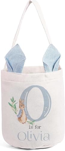 Gift Basket for Gifts Empty Personalized for Kids Girls Boys with Name, Small Basket Cute Bunny Tote Bags for Toy Organizing, Cotton Fabric Baskets with Handles, Blue - Image 1