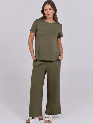 ANRABESS Women 2 Piece Lounge Sets Summer Travel Sweat Outfits Short Sleeve Wide Leg Casual Matching Tracksuits Clothes Army Green Large - Image 2