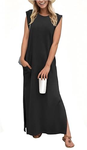 GRECERELLE Women's Summer Casual Loose Split Long Maxi Sun Dress with Pockets (Medium, Black) - Image 1