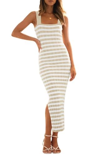 MEROKEETY Women's 2025 Summer Bodycon Midi Dress Vacation Sleeveless Ribbed Knit Striped Sweater Dresses, Apricot, XS - Image 1