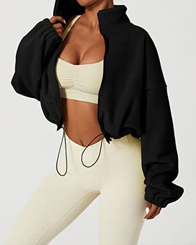 QINSEN Women's Full Zip Fleece Short Jacket Warm Winter Long Sleeve Stand Collar Sherpa Crop Coat Black S - Image 2