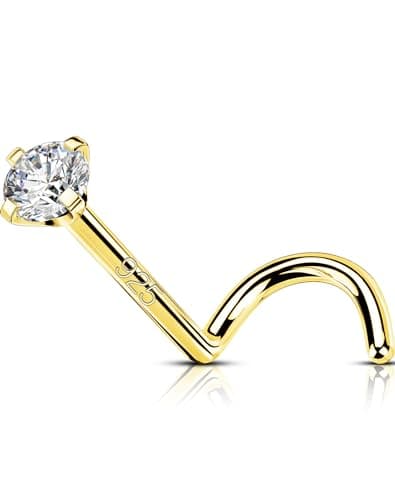 OUFER 925 Sterling Silver Nose Studs, Bone L Screw Shaped Nose Rings, 20G Nostril Solid 2mm Round CZ Nose Piercing Jewelry for Women Men-Screw Shaped Gold - Image 1