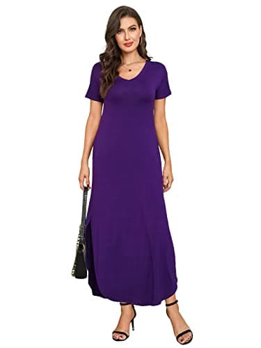 Arolina Women's Summer Maxi Dress Short Sleeve V Neck Casual Loose Long Beach Split Dresses with Pockets Purple - Image 2