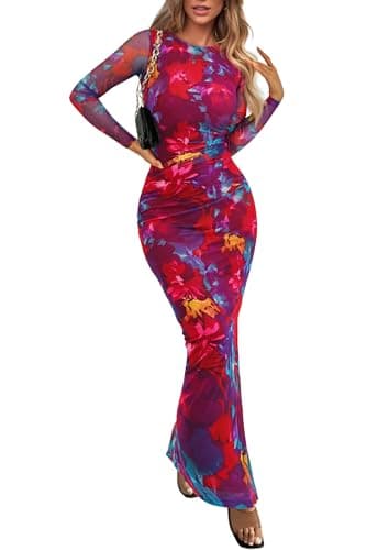 PRETTYGARDEN Women's Bodycon Maxi Dress Fall Spring Fashion Long Sleeve Floral Print Tight Fitted Party Club Ruched Dresses (Navy Red Big Floral,Medium) - Image 1