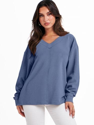 ANRABESS Oversized Long Sleeve Shirts for Women Off the Shoulder Sweatshirt Loose V Neck Tunic Tops High Low Sweater 2025 Small Grey Blue - Image 5