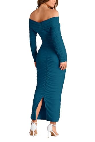 PRETTYGARDEN Women's Fall Off Shoulder Maxi Bodycon Dress Long Sleeve Ruched Fitted Club Dresses with Slit (Lake Blue,Large) - Image 2