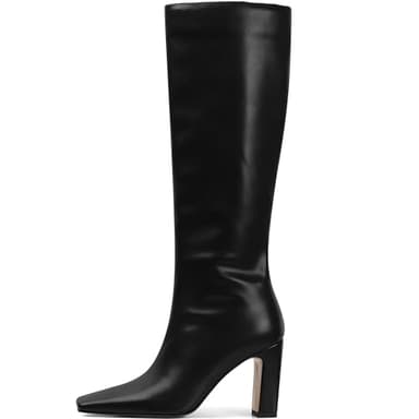 Lovee Cosee Black Leather Boots for Women Knee High Tall Boots for Women Square Toe Chunky Heels Wide Calf Block Heeled Dress Sexy Fashion Trendy Fall Wintern Shoes Size 7 - Image 1