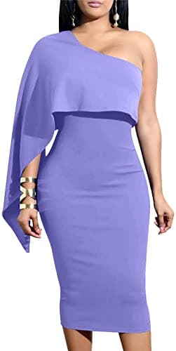 GOBLES Women's Summer Sexy One Shoulder Ruffle Bodycon Midi Cocktail Dress Lavender - Image 1