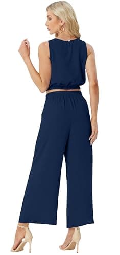 2 Piece Sets for Women Summer Sleeveless Crop Top Wide Leg Pants Resort Wear for Women 2025 Dark Blue-M - Image 4