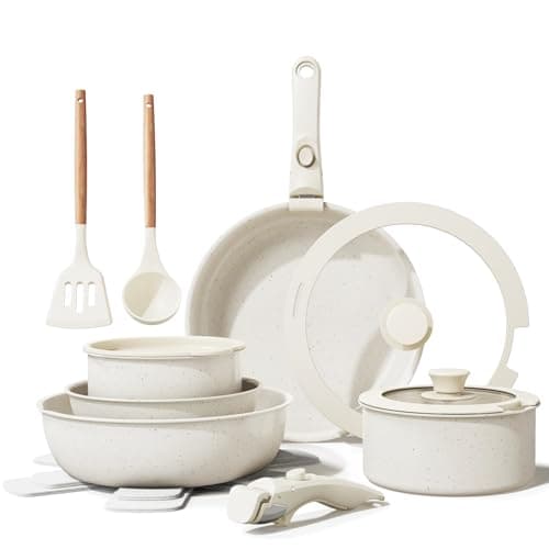 Bazova Ceramic Nonstick Cookware Set, Healthy,Non Toxic,17-Pieces Pots and Pans Set Removable Handles,Induction RV Kitchen Set,Stain & Scratch-resistant,Dishwasher/Oven Safe,PFAS/PFOA Free,Cream White - Image 1