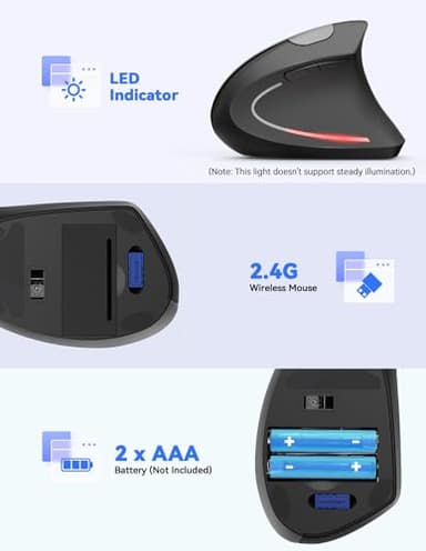 TECKNET Ergonomic Mouse, 4800 DPI Wireless Vertical Mouse with 5 Adjustable DPI Levels, 6 Buttons 2.4GHz Optical Carpal Tunnel Mouses for Laptop, Desktop, PC, MacBook - Black - Image 6