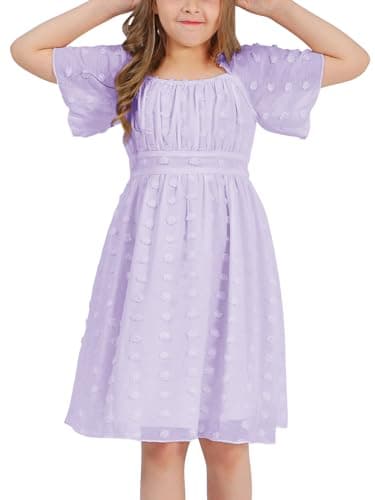 EXLURA Girls 2025 Summer Dresses Short Sleeve Swiss Dot Square Neck Flowy A Line Kids Dress Casual Party Midi Dress 6-15Y Light Purple - Image 6