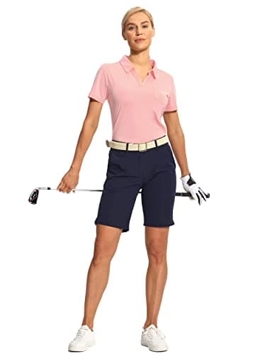 Hiverlay Women's Golf Polo Shirts V Neck Short Sleeve Collared Shirt for Work Casual with Pocket Tennis Tops Quick Dry Pink S - Image 6